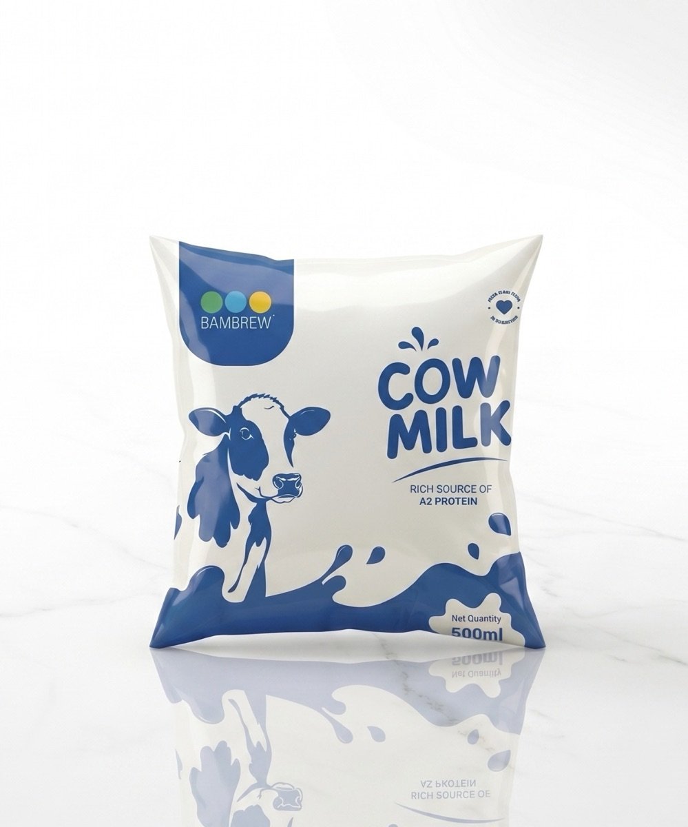 Cow Milk pouch graphic redesign, final design as shipped to production